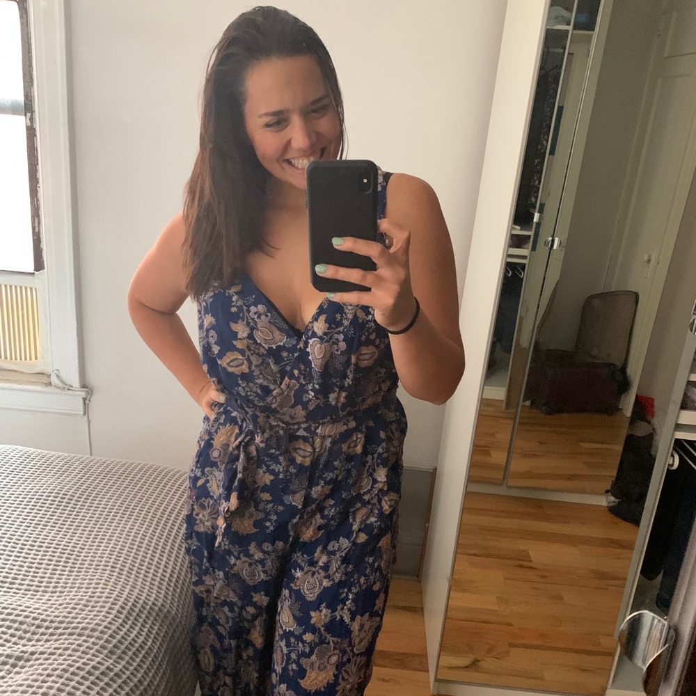 Adorable Anthropologie floral navy purple jumpsuit